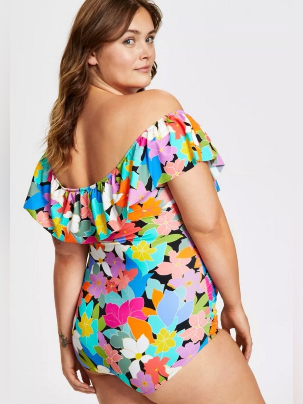 Plus-Size Off-Shoulder Floral One-Piece Swimsuit - Multicolor